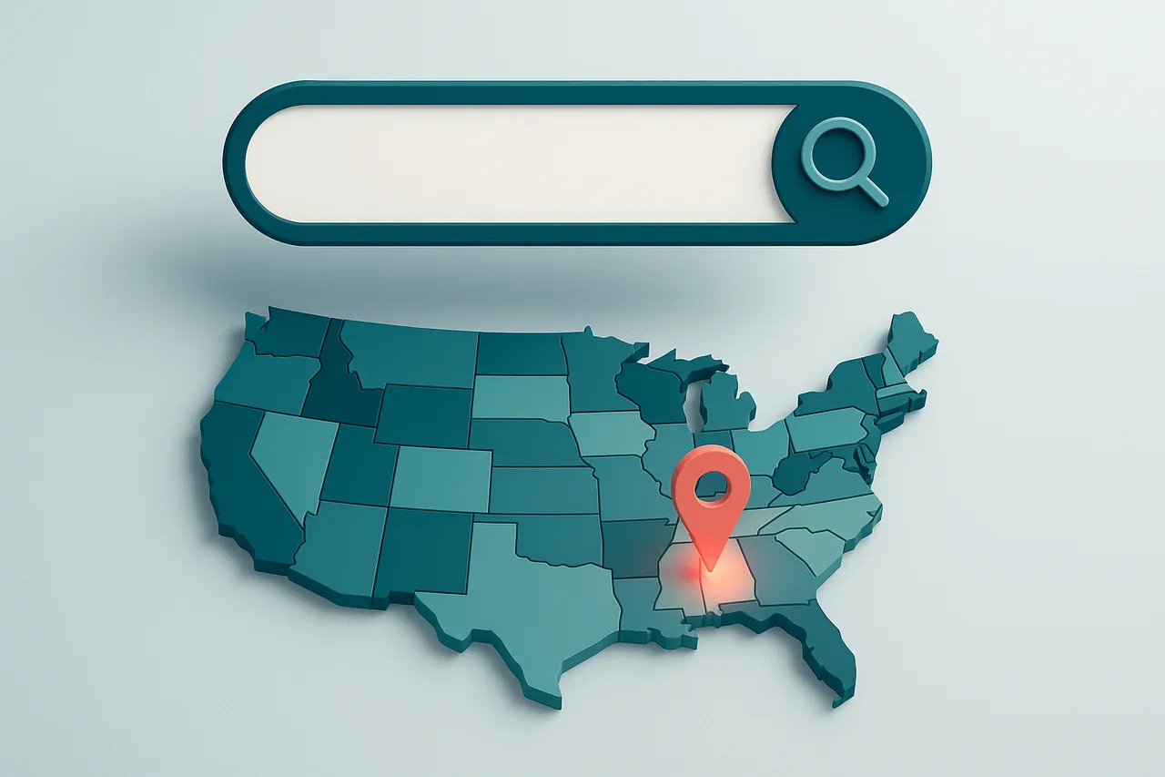 Search bar above a map of the United States with a pin on one state, illustrating a people finder name search narrowed by state